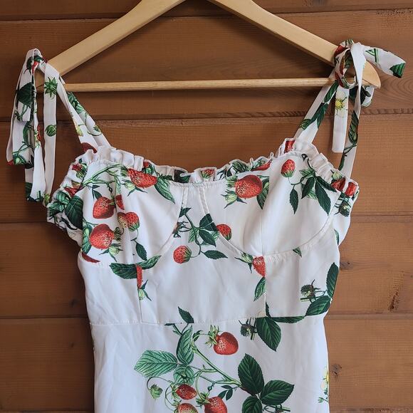 Cider Strawberry Dress Summer Ruffle Tie Shoulder Bow Prairie Fruit Small Boho - Picture 3 of 5